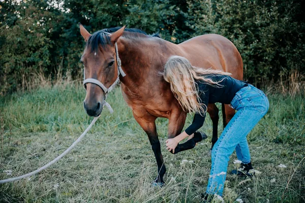 Frau beugt sich zu ihrem Pferd auf der Wiese